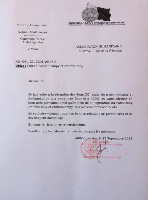 Lettre de reconnaissance Maire d'Ambohijanaka